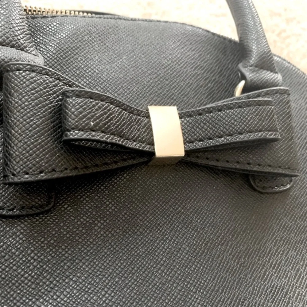 Small Black Faux Leather Mini Sachel With Bow Accent Excellent Used Condition